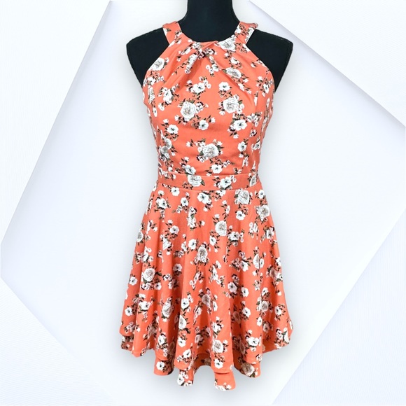 Floral Print Layered Skirt Pleated Neckline Dress with Mesh Open Back - Small - Picture 1 of 9